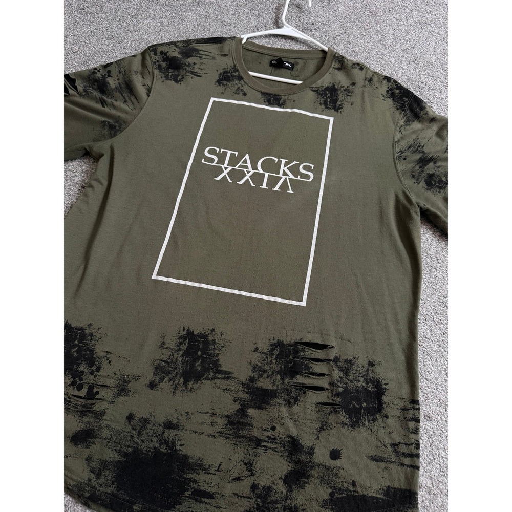 Carbon Mens XXL Olive Green Distressed Graphic T-Shirt Short Sleeve Splatter